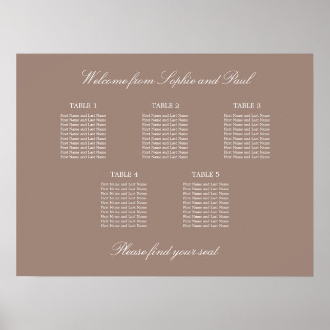 Taupe 5 Table Wedding Seating Chart Poster (Front)