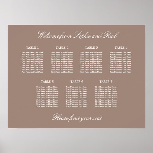 Taupe 7 Table Wedding Seating Chart Poster