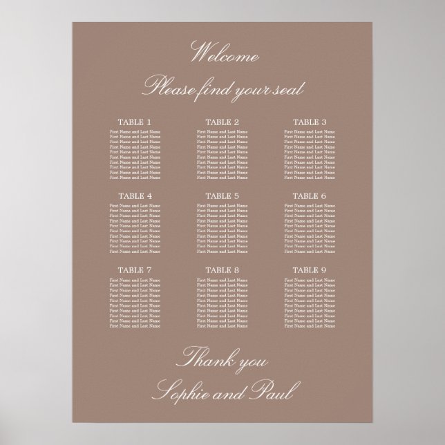 Taupe 9 Table Wedding Seating Chart Poster (Front)