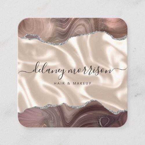 Taupe Agate Silver Glitter Luxury Rounded Corners Square Business Card