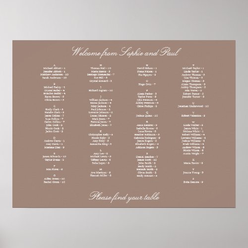 Taupe Alphabetical Seating Chart Poster