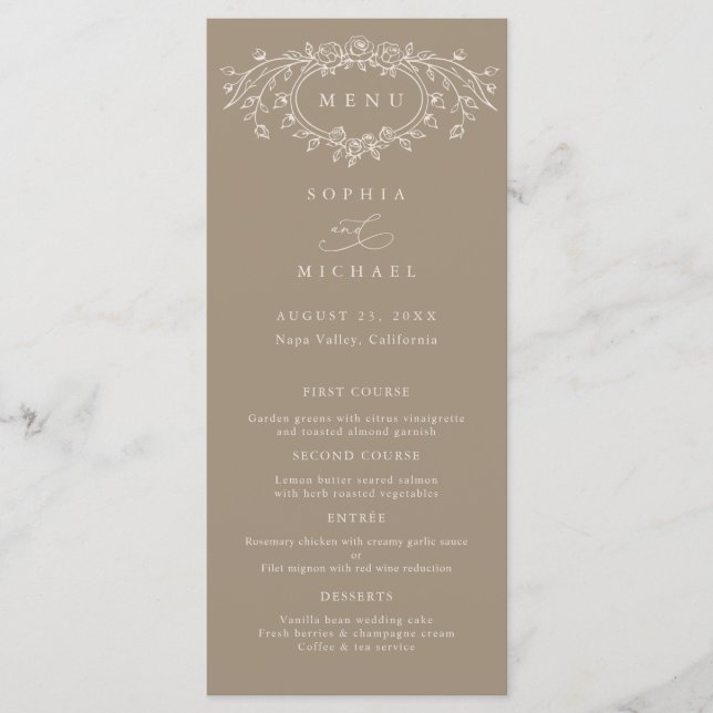 Taupe and Beige Floral Line Art Wedding Flat  Menu (Front)
