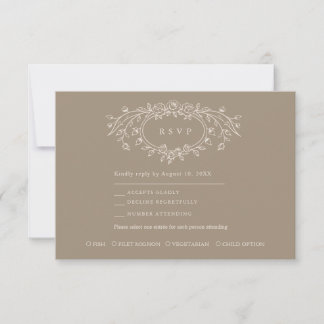Taupe and Beige Floral Line Art Wedding  RSVP Card