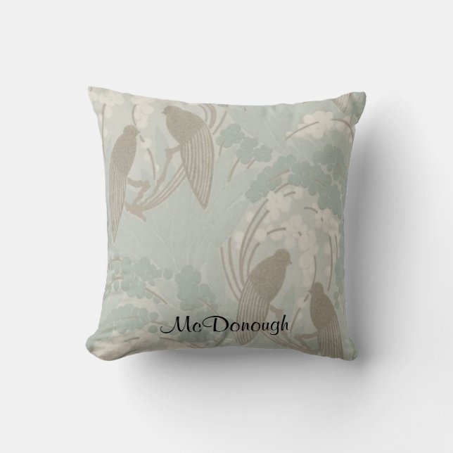 Taupe and Blue Paradise Garden Pattern Throw Pillow (Front)