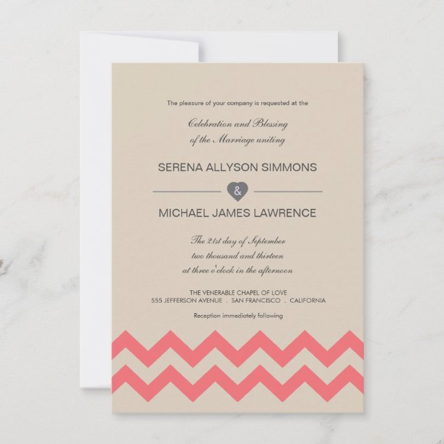 Taupe and Coral Chevron Wedding Invitations (Front)