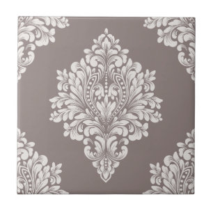 Taupe and Cream Damask Ceramic Tile