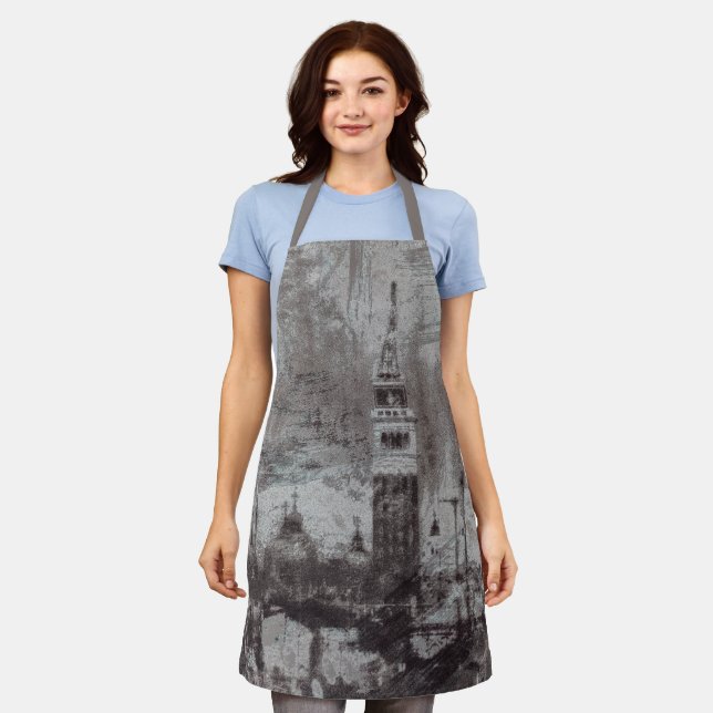 Taupe and Cyan Distressed Skyline Venice Italy Apron (Worn)
