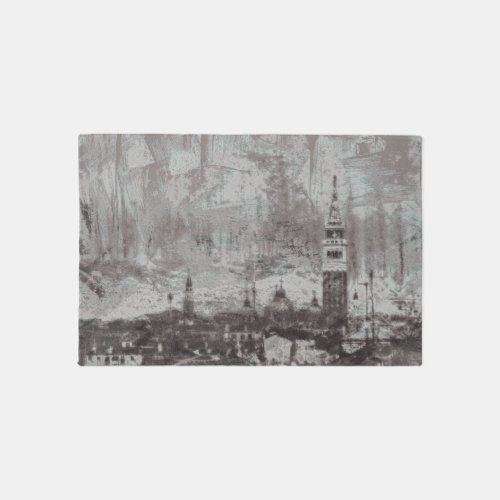 Taupe and Cyan Distressed Skyline Venice Italy Art Rug