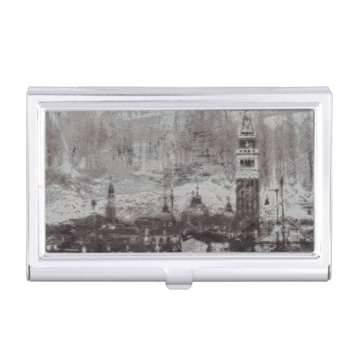 Taupe and Cyan Distressed Skyline Venice Italy Business Card Case