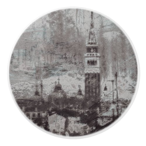 Taupe and Cyan Distressed Skyline Venice Italy Ceramic Knob