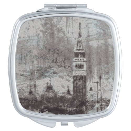 Taupe and Cyan Distressed Skyline Venice Italy Compact Mirror