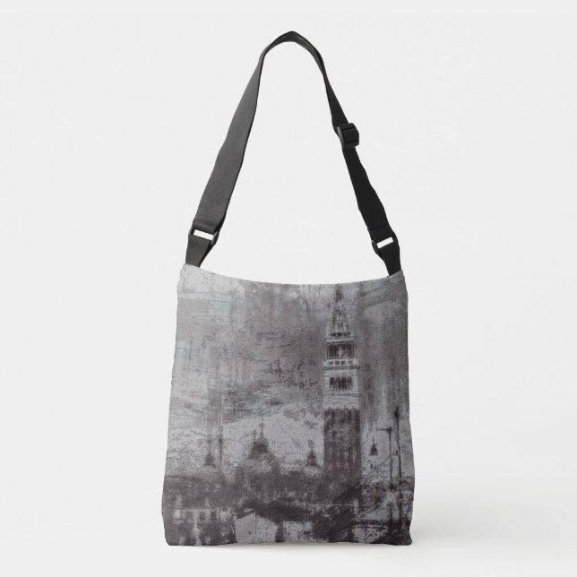 Taupe and Cyan Distressed Skyline Venice Italy Crossbody Bag (Front)