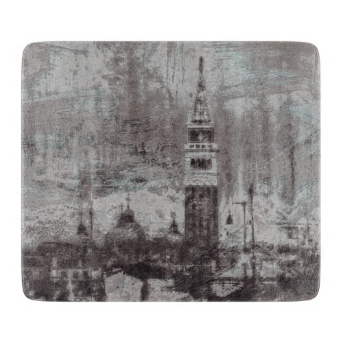 Taupe and Cyan Distressed Skyline Venice Italy Cutting Board
