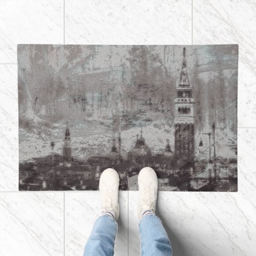 Taupe and Cyan Distressed Skyline Venice Italy Doormat