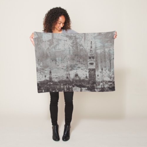 Taupe and Cyan Distressed Skyline Venice Italy Fleece Blanket