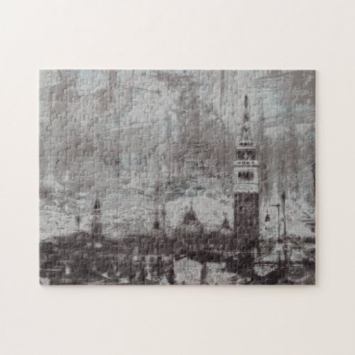 Taupe and Cyan Distressed Skyline Venice Italy Jigsaw Puzzle