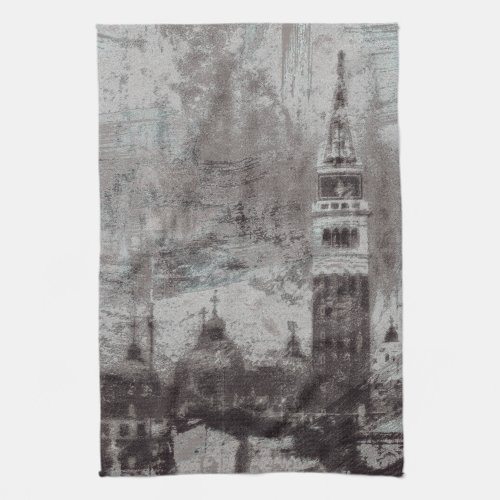 Taupe and Cyan Distressed Skyline Venice Italy Kitchen Towel