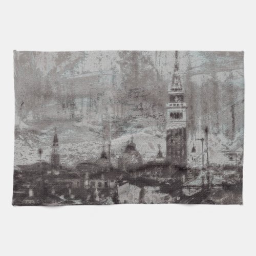 Taupe and Cyan Distressed Skyline Venice Italy Kitchen Towel