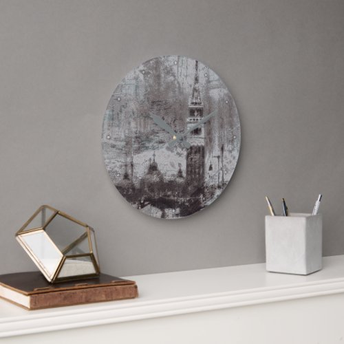 Taupe and Cyan Distressed Skyline Venice Italy Large Clock