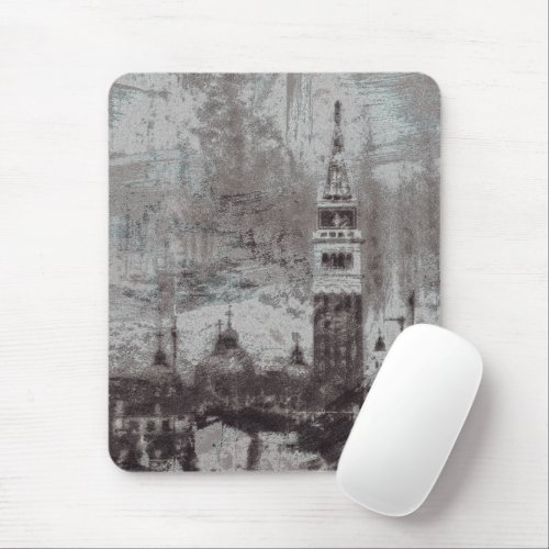 Taupe and Cyan Distressed Skyline Venice Italy Mouse Pad