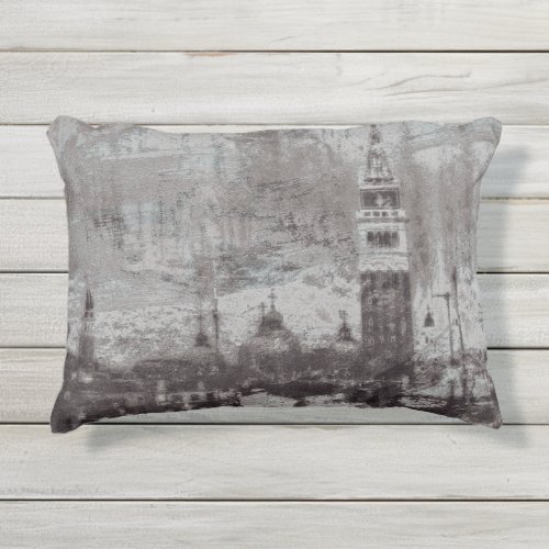 Taupe and Cyan Distressed Skyline Venice Italy Outdoor Pillow