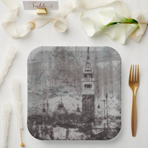 Taupe and Cyan Distressed Skyline Venice Italy Paper Plates
