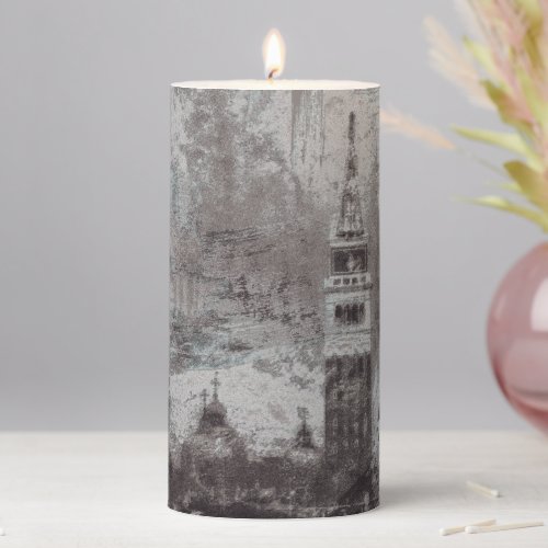 Taupe and Cyan Distressed Skyline Venice Italy Pillar Candle