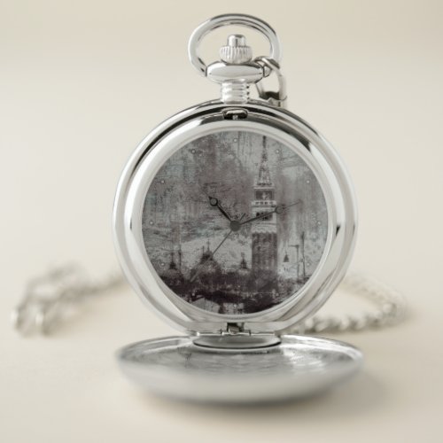 Taupe and Cyan Distressed Skyline Venice Italy Pocket Watch