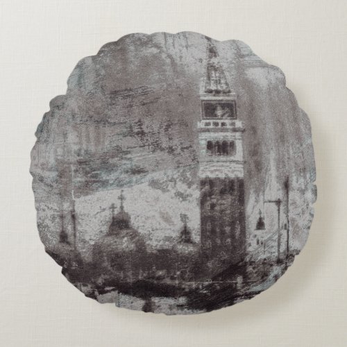 Taupe and Cyan Distressed Skyline Venice Italy Round Pillow