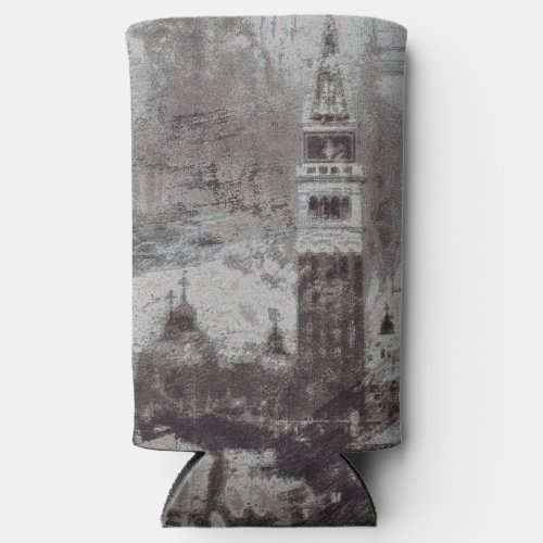 Taupe and Cyan Distressed Skyline Venice Italy Seltzer Can Cooler