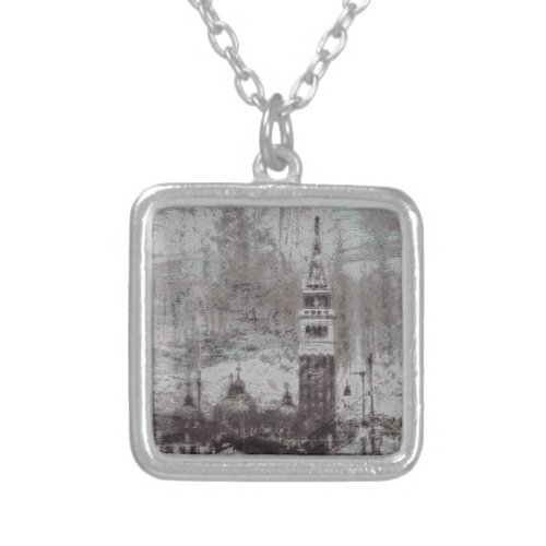 Taupe and Cyan Distressed Skyline Venice Italy Silver Plated Necklace