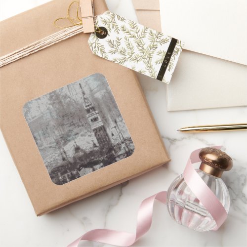 Taupe and Cyan Distressed Skyline Venice Italy Square Sticker