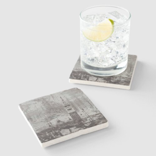 Taupe and Cyan Distressed Skyline Venice Italy Stone Coaster