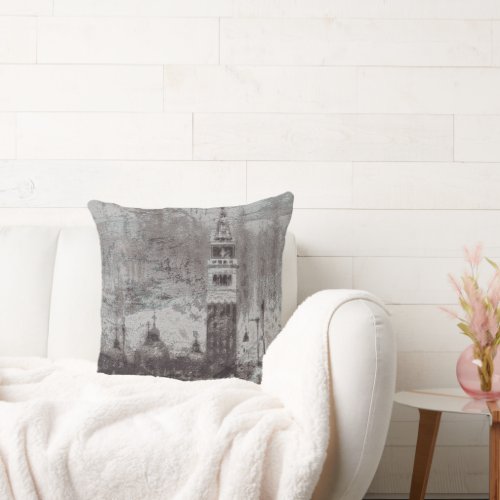 Taupe and Cyan Distressed Skyline Venice Italy Throw Pillow