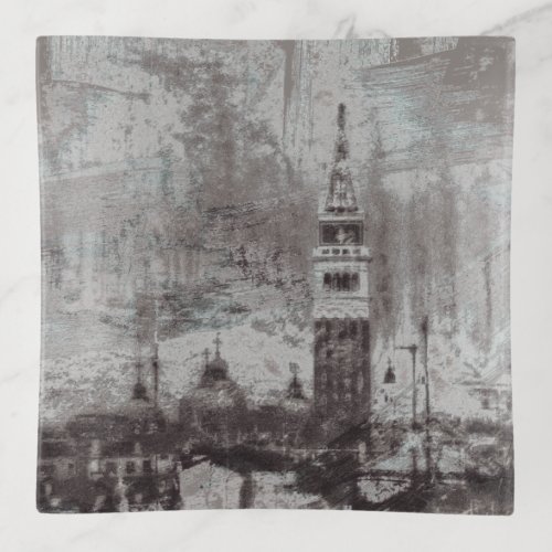 Taupe and Cyan Distressed Skyline Venice Italy Trinket Tray