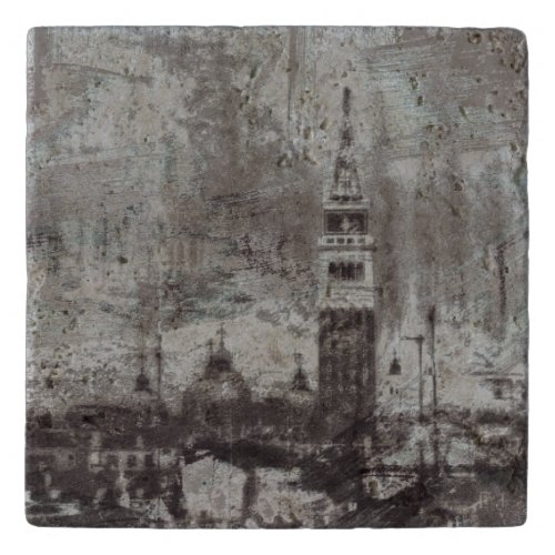 Taupe and Cyan Distressed Skyline Venice Italy Trivet