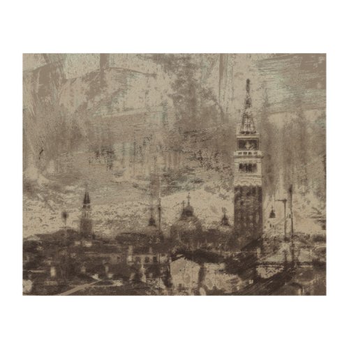 Taupe and Cyan Distressed Skyline Venice Italy Wood Wall Art