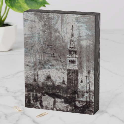 Taupe and Cyan Distressed Skyline Venice Italy Wooden Box Sign