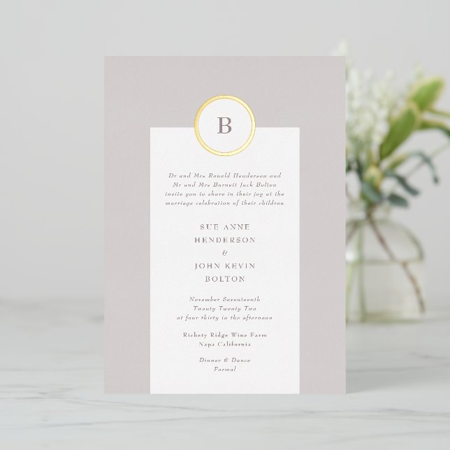 Taupe and Gold Circle Monogram Wedding Foil Invitation (Standing Front)