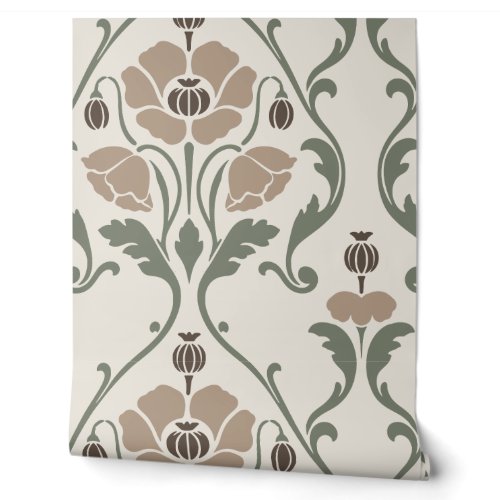 Taupe and Gray Green Poppy Damask Wallpaper