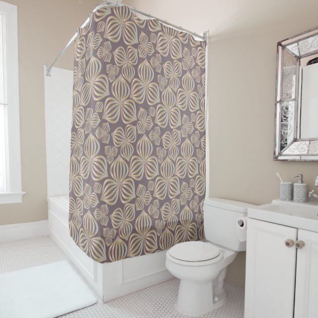 Taupe and Mauve Floral Pattern Shower Curtain (In Situ)
