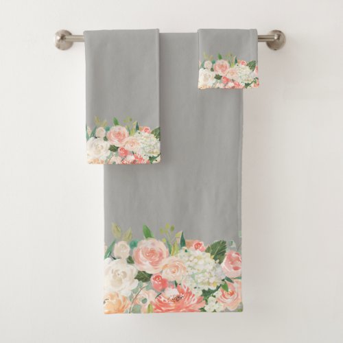 Taupe and Peach Watercolor Floral Pattern Bath Towel Set