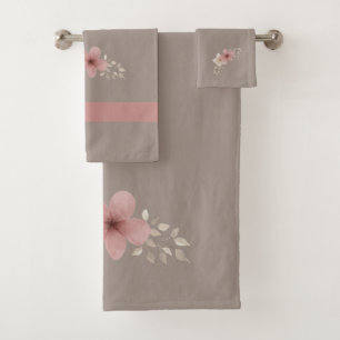 Taupe and Pink Floral Bath Towel Set