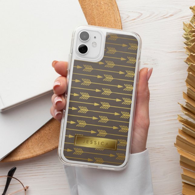 Taupe and Printed Gold Arrows Pattern iPhone 15 Pro Case (Creator Uploaded)