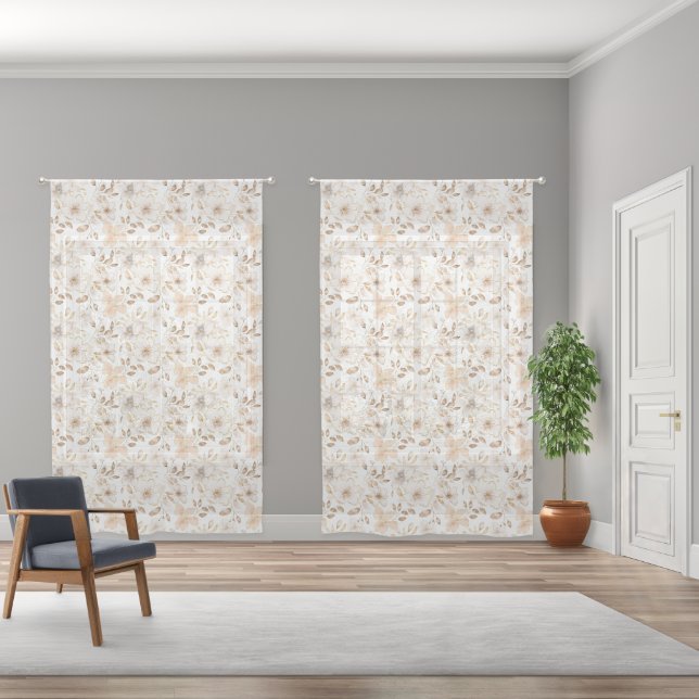 Taupe and Silvery Smoke Floral Sheer Curtains (Wide)