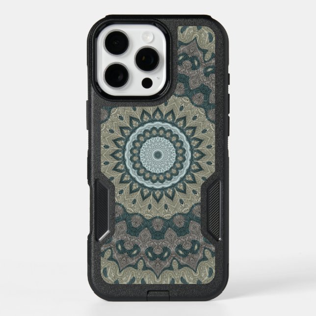 Taupe and Teal Mandala with Tribal Symmetry Otterbox iPhone Case (Back)