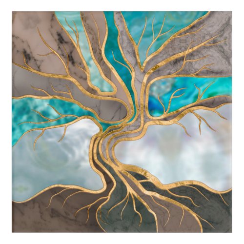 Taupe and teal Marble Tree of life Acrylic Print