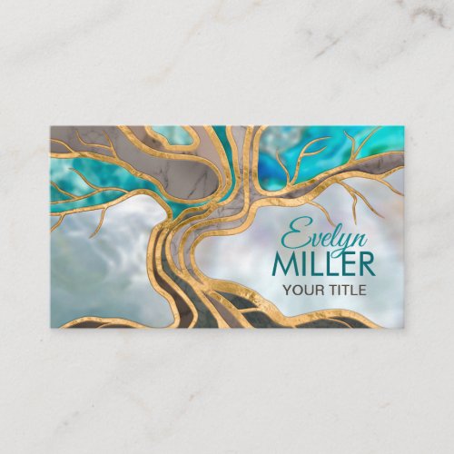 Taupe and teal Marble Tree of life Business Card