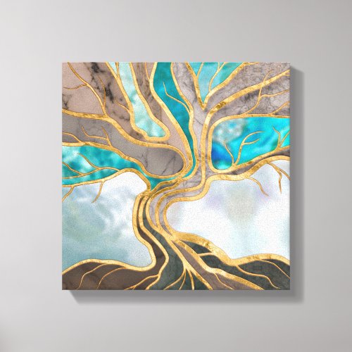 Taupe and teal Marble Tree of life Canvas Print