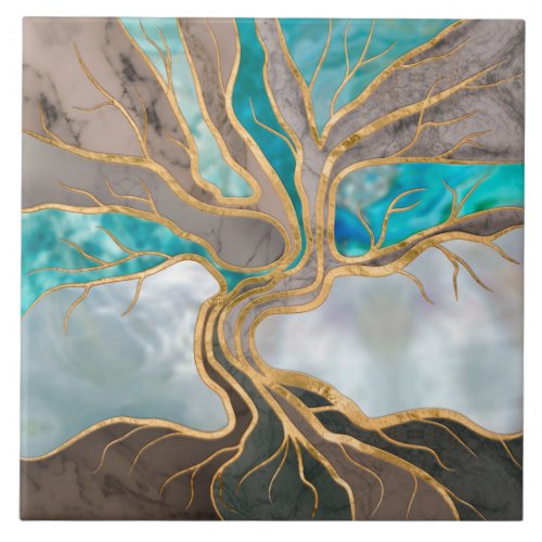 Taupe and teal Marble Tree of life Ceramic Tile